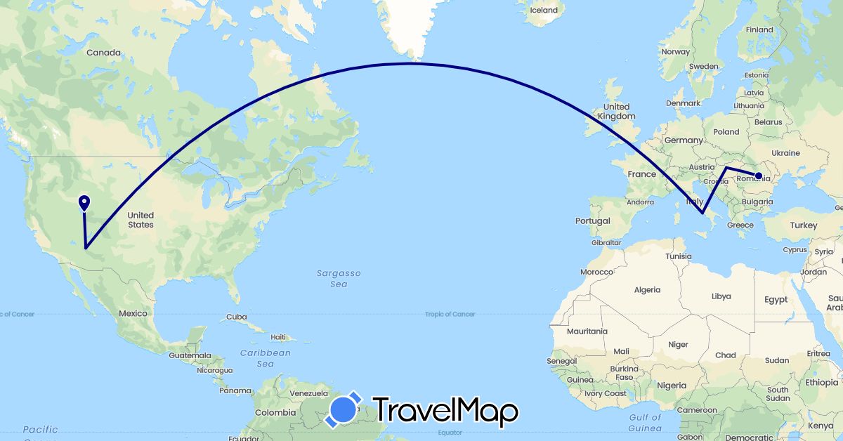 TravelMap itinerary: driving in Hungary, Italy, Romania, United States (Europe, North America)
