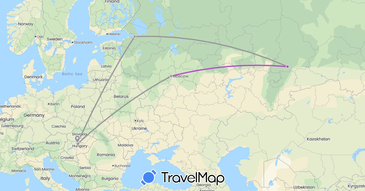 TravelMap itinerary: driving, plane, train in Hungary, Russia (Europe)